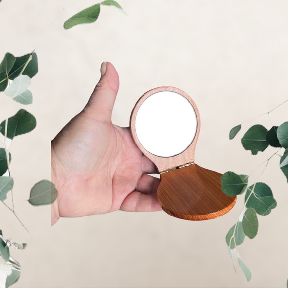 Compact Mirror Enameled Mother of Pearl Inlaid, Hinged Wood, Bird Spring Floral - Picture 2 of 5